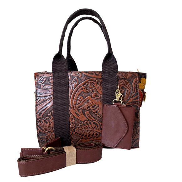 Tooled brown floral tapestry embroidery western vegan leather with coin purse sa - Picture 7 of 12